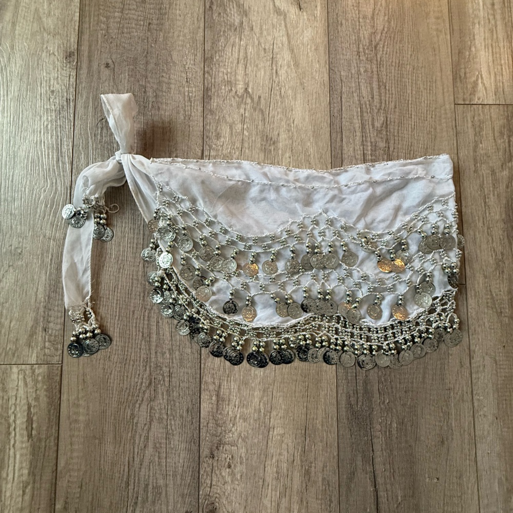 White Hip Scarf with Silver Coins